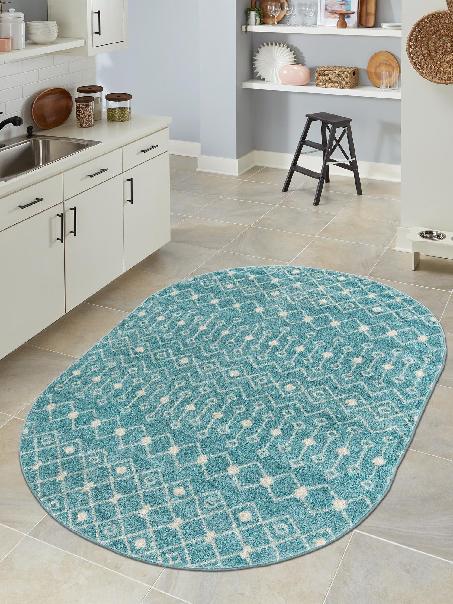 Aqua Blue 4' x 6' Tribal Trellis Oval Area Rug Geometric Southwestern Inspired Durable Carpet for Home Interior Design for Sale at Rug Engine