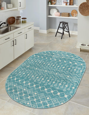 Aqua Blue 7' 10 x 10' Tribal Trellis Oval Area Rug Geometric Southwestern Inspired Durable Carpet for Home Interior Design for Sale at Rug Engine