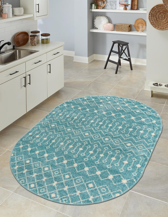 Aqua Blue 7' 10 x 10' Tribal Trellis Oval Area Rug Geometric Southwestern Inspired Durable Carpet for Home Interior Design for Sale at Rug Engine