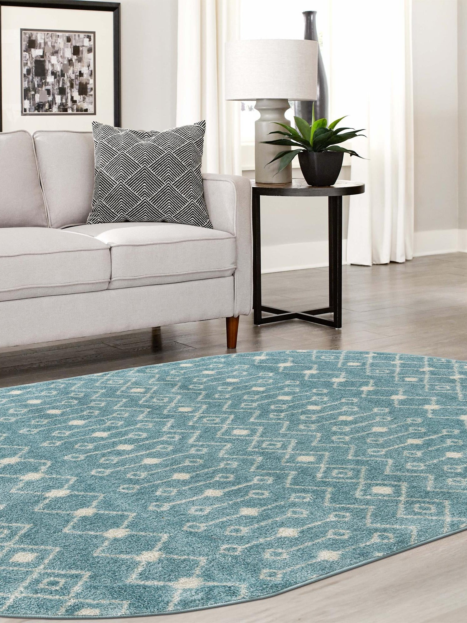 Aqua Blue 4' x 6' Tribal Trellis Oval Area Rug Geometric Southwestern Inspired Durable Carpet for Home Interior Design for Sale at Rug Engine