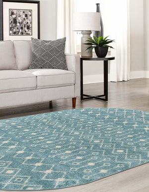 Aqua Blue 7' 10 x 10' Tribal Trellis Oval Area Rug Geometric Southwestern Inspired Durable Carpet for Home Interior Design for Sale at Rug Engine