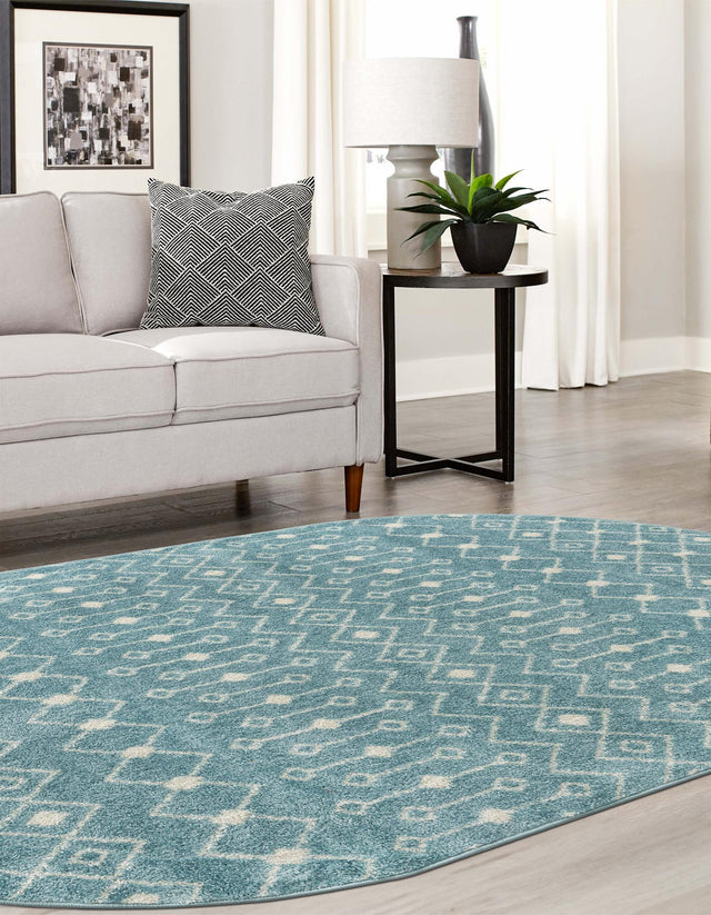 Aqua Blue 7' 10 x 10' Tribal Trellis Oval Area Rug Geometric Southwestern Inspired Durable Carpet for Home Interior Design for Sale at Rug Engine