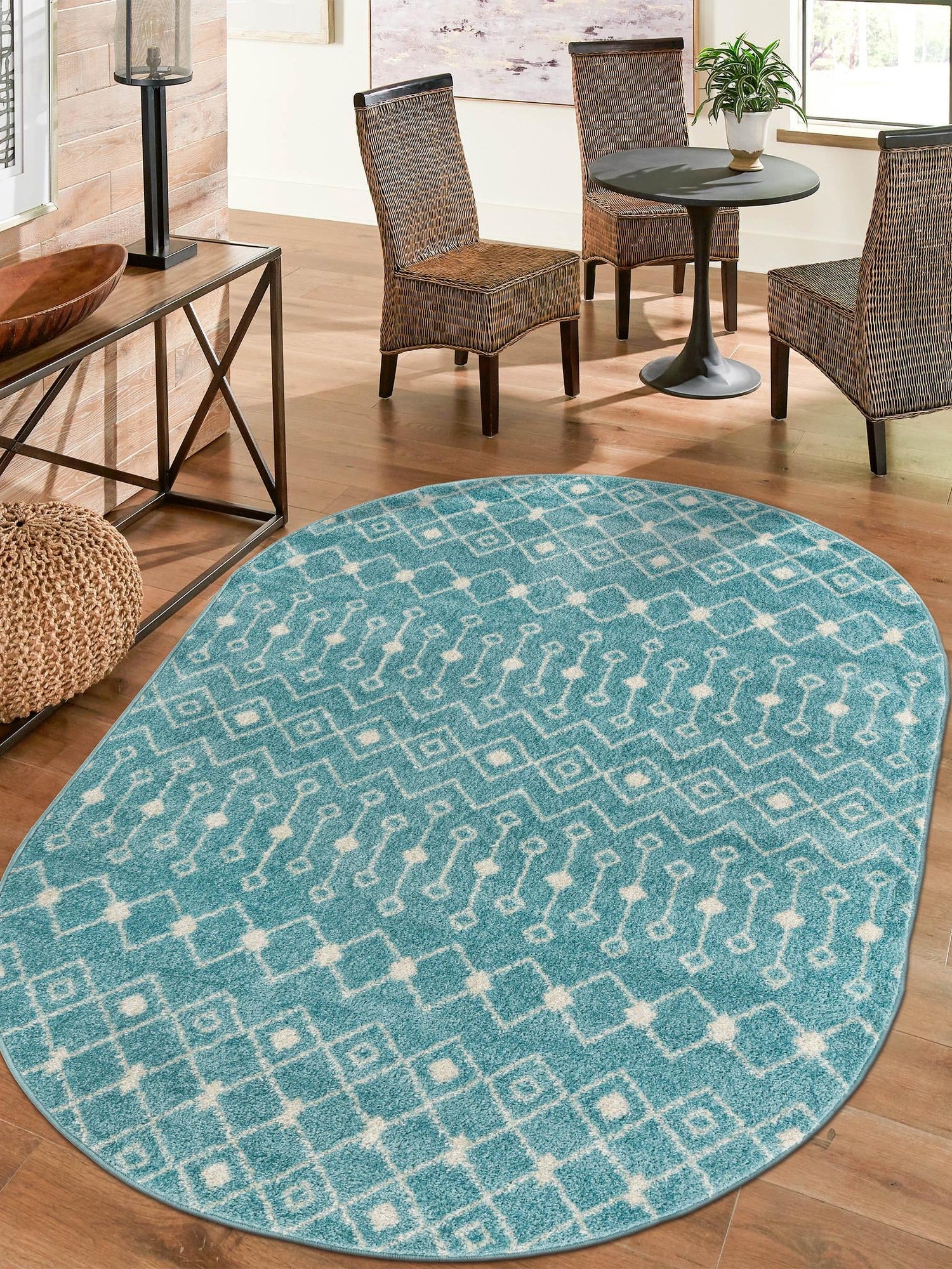 Aqua Blue 4' x 6' Tribal Trellis Oval Area Rug Geometric Southwestern Inspired Durable Carpet for Home Interior Design for Sale at Rug Engine