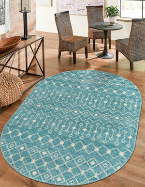 Aqua Blue 4' x 6' Tribal Trellis Oval Area Rug Geometric Southwestern Inspired Durable Carpet for Home Interior Design for Sale at Rug Engine