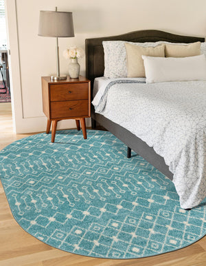Aqua Blue 7' 10 x 10' Tribal Trellis Oval Area Rug Geometric Southwestern Inspired Durable Carpet for Home Interior Design for Sale at Rug Engine