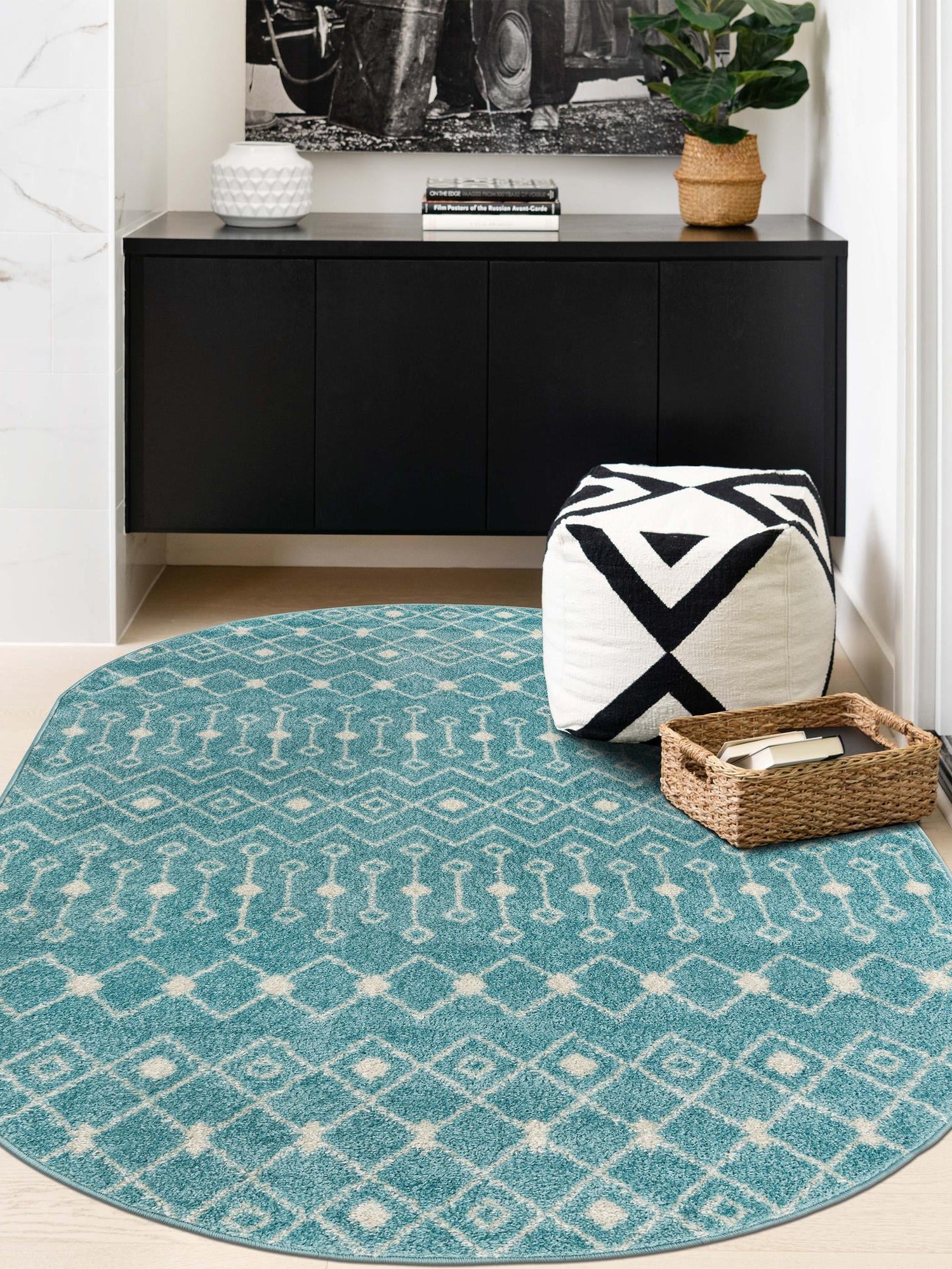 Aqua Blue 7' 10 x 10' Tribal Trellis Oval Area Rug Geometric Southwestern Inspired Durable Carpet for Home Interior Design for Sale at Rug Engine