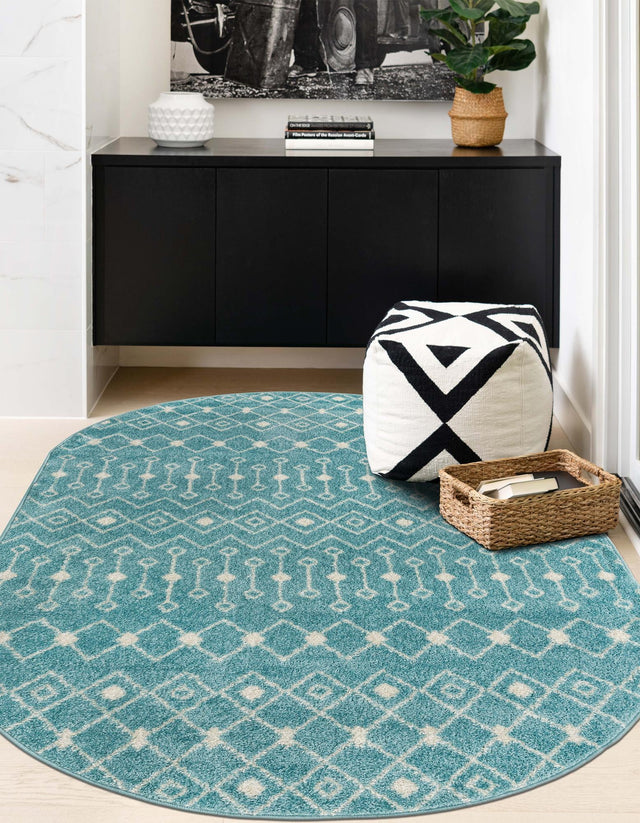 Aqua Blue 4' x 6' Tribal Trellis Oval Area Rug Geometric Southwestern Inspired Durable Carpet for Home Interior Design for Sale at Rug Engine