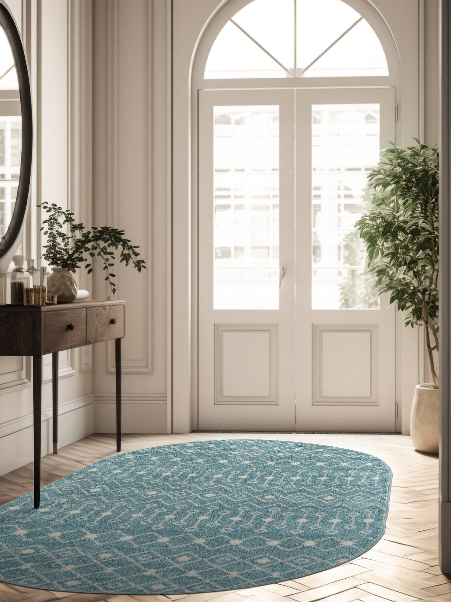 Aqua Blue 4' x 6' Tribal Trellis Oval Area Rug Geometric Southwestern Inspired Durable Carpet for Home Interior Design for Sale at Rug Engine