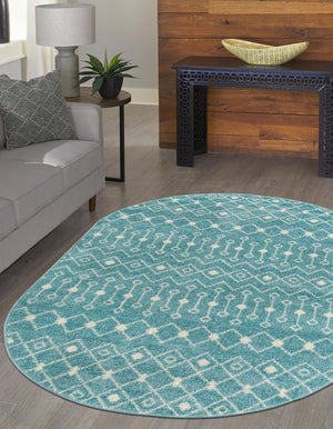 Aqua Blue 4' x 6' Tribal Trellis Oval Area Rug Geometric Southwestern Inspired Durable Carpet for Home Interior Design for Sale at Rug Engine