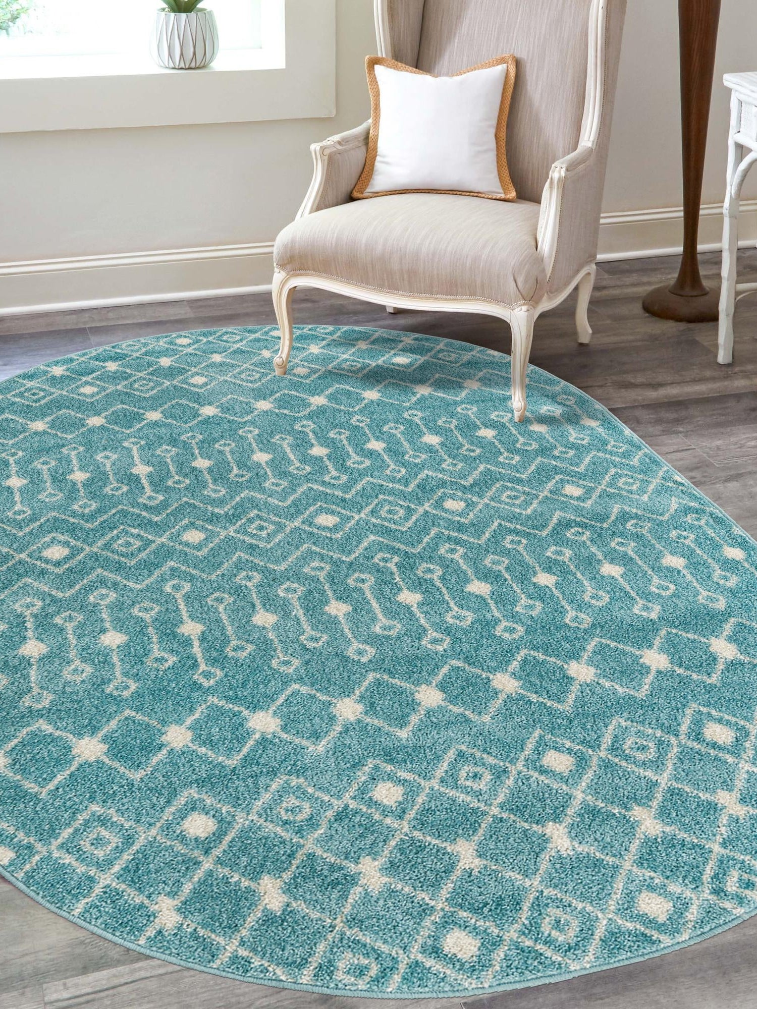 Aqua Blue 7' 10 x 10' Tribal Trellis Oval Area Rug Geometric Southwestern Inspired Durable Carpet for Home Interior Design for Sale at Rug Engine