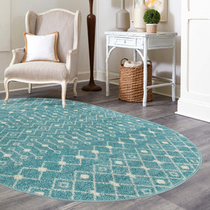 Aqua Blue 7' 10 x 10' Tribal Trellis Oval Area Rug Geometric Southwestern Inspired Durable Carpet for Home Interior Design for Sale at Rug Engine
