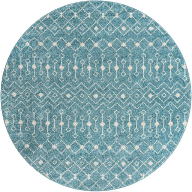 Aqua Blue 7' 10 x 7' 10 Tribal Trellis Round Area Rug Geometric Southwestern Inspired Durable Carpet for Home Interior Design for Sale at Rug Engine