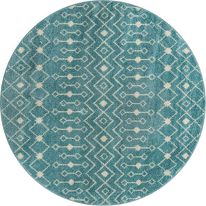 Aqua Blue 6' x 6' Tribal Trellis Round Area Rug Geometric Southwestern Inspired Durable Carpet for Home Interior Design for Sale at Rug Engine