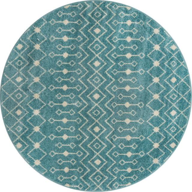 Aqua Blue 6' x 6' Tribal Trellis Round Area Rug Geometric Southwestern Inspired Durable Carpet for Home Interior Design for Sale at Rug Engine