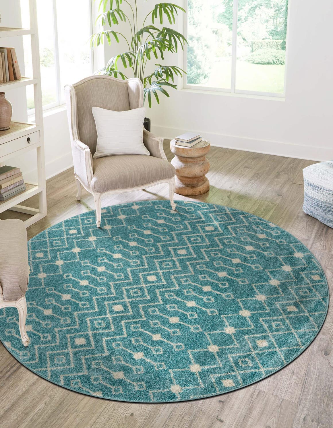 Aqua Blue 7' 10 x 7' 10 Tribal Trellis Round Area Rug Geometric Southwestern Inspired Durable Carpet for Home Interior Design for Sale at Rug Engine
