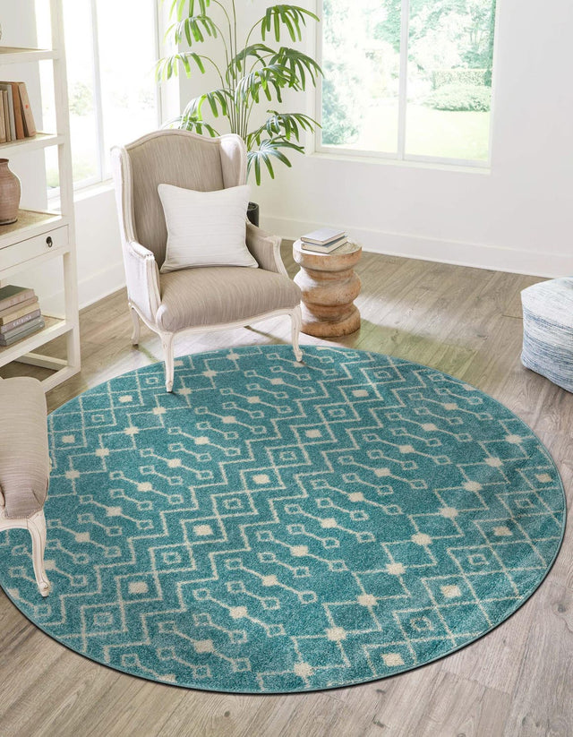 Aqua Blue 7' 10 x 7' 10 Tribal Trellis Round Area Rug Geometric Southwestern Inspired Durable Carpet for Home Interior Design for Sale at Rug Engine