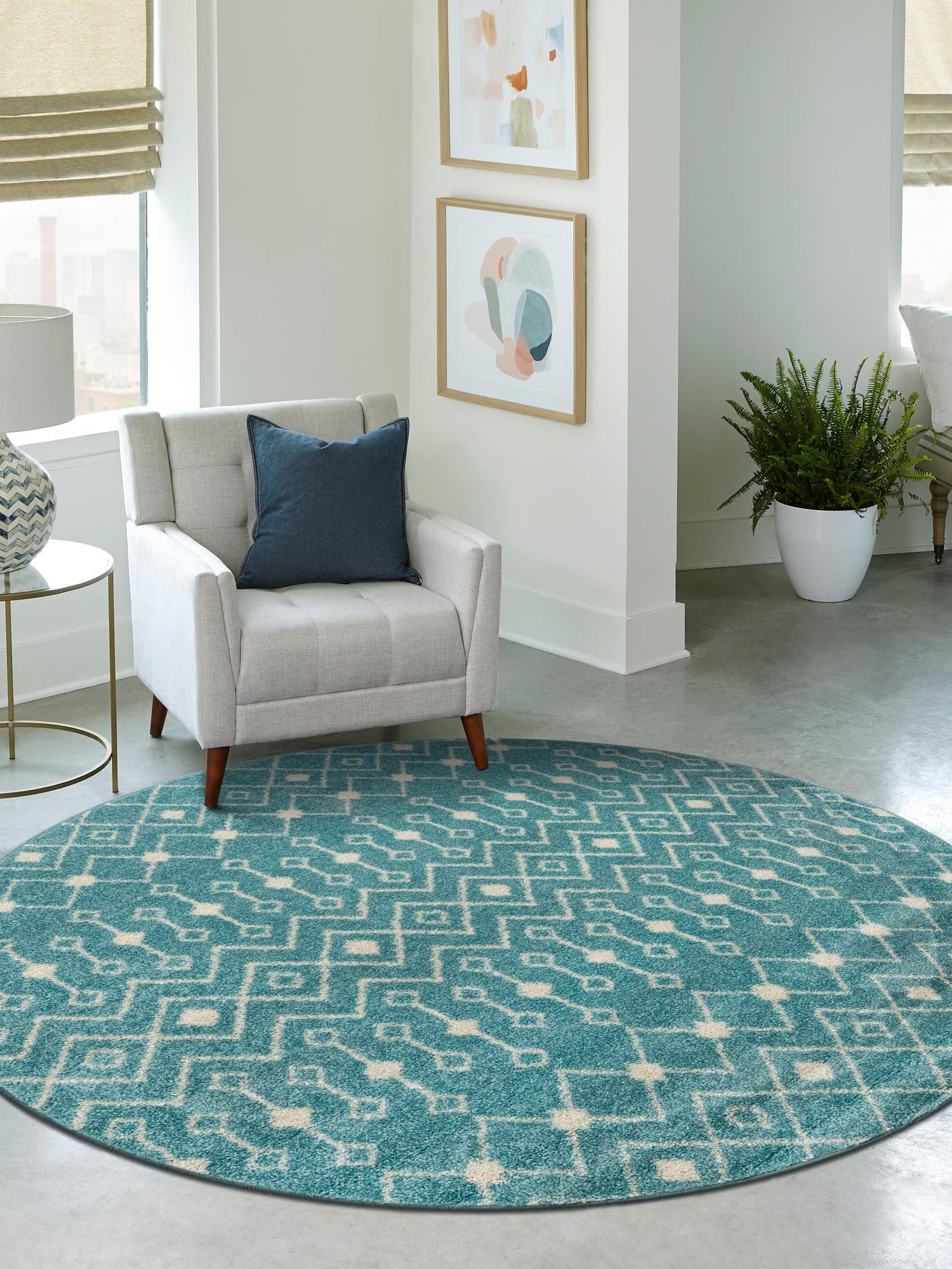 Aqua Blue 5' 3 x 5' 3 Tribal Trellis Round Area Rug Geometric Southwestern Inspired Durable Carpet for Home Interior Design for Sale at Rug Engine