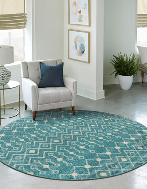 Aqua Blue 7' 10 x 7' 10 Tribal Trellis Round Area Rug Geometric Southwestern Inspired Durable Carpet for Home Interior Design for Sale at Rug Engine