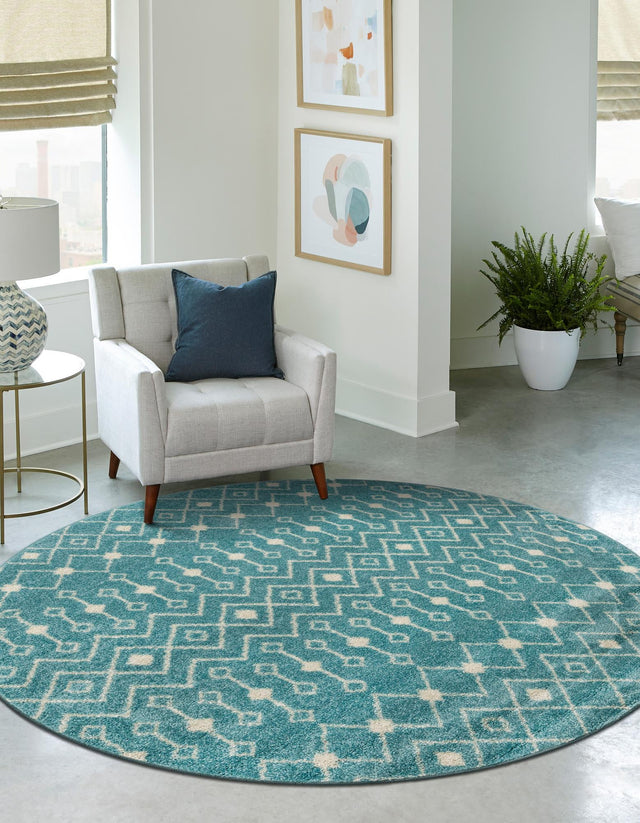 Aqua Blue 7' 10 x 7' 10 Tribal Trellis Round Area Rug Geometric Southwestern Inspired Durable Carpet for Home Interior Design for Sale at Rug Engine