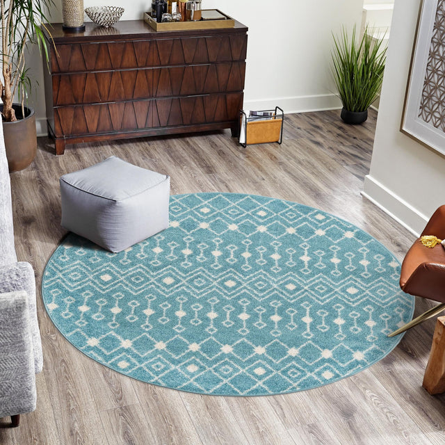 Aqua Blue 3' 3 x 3' 3 Tribal Trellis Round Area Rug Geometric Southwestern Inspired Durable Carpet for Home Interior Design for Sale at Rug Engine