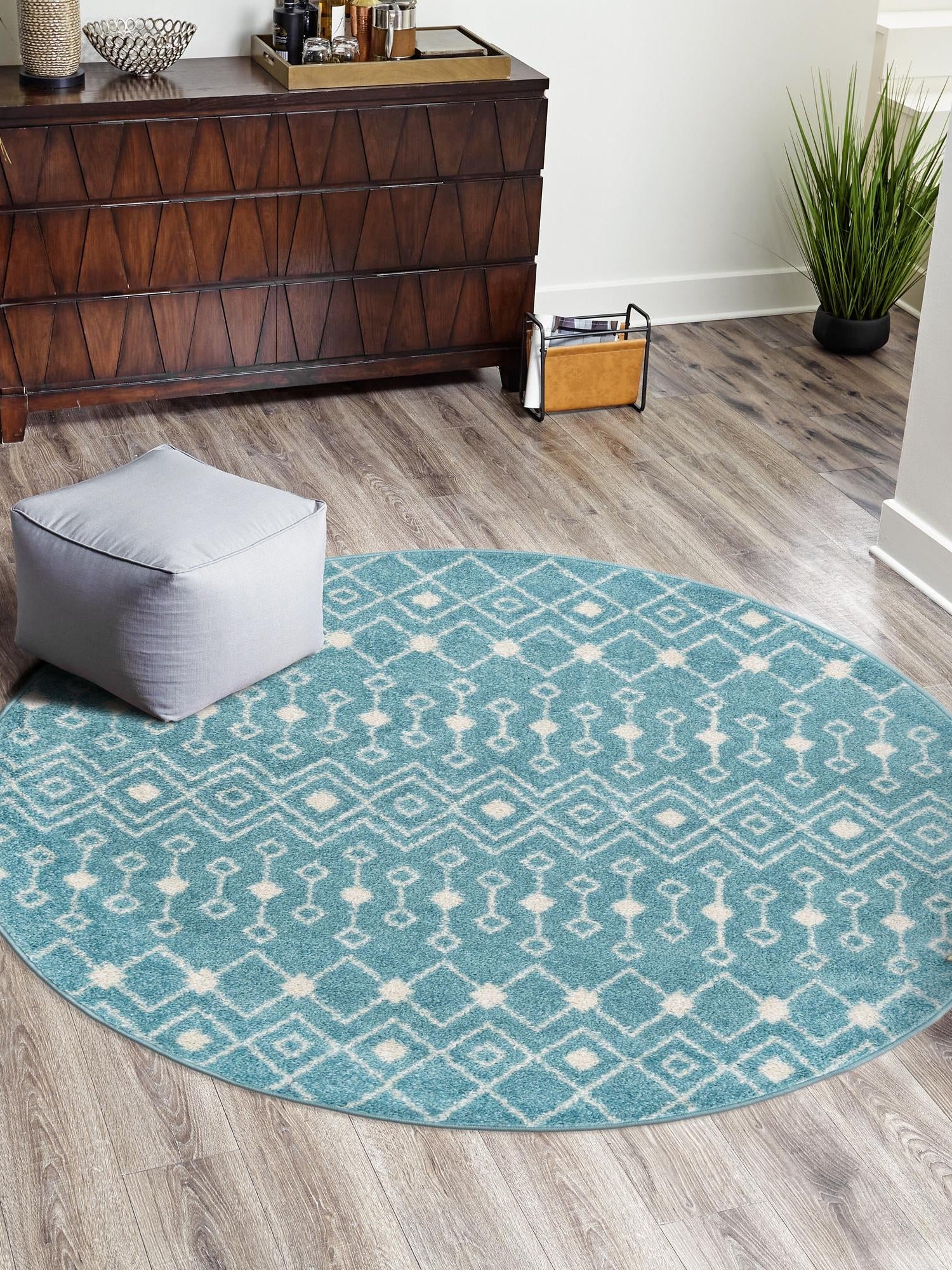 Aqua Blue 10' x 10' Tribal Trellis Round Area Rug Geometric Southwestern Inspired Durable Carpet for Home Interior Design for Sale at Rug Engine
