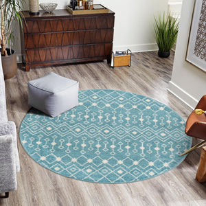 Aqua Blue 10' x 10' Tribal Trellis Round Area Rug Geometric Southwestern Inspired Durable Carpet for Home Interior Design for Sale at Rug Engine