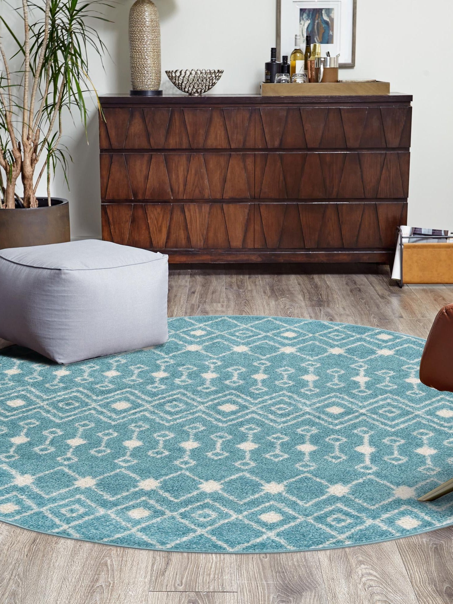 Aqua Blue 10' x 10' Tribal Trellis Round Area Rug Geometric Southwestern Inspired Durable Carpet for Home Interior Design for Sale at Rug Engine