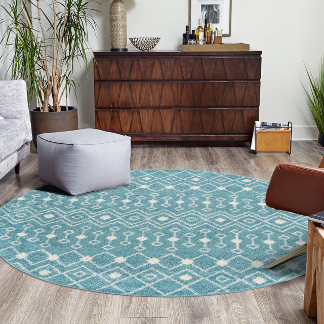 Aqua Blue 7' 10 x 7' 10 Tribal Trellis Round Area Rug Geometric Southwestern Inspired Durable Carpet for Home Interior Design for Sale at Rug Engine