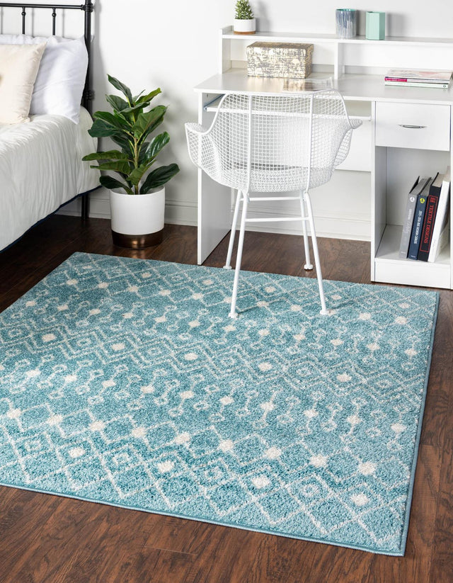 Aqua Blue 7' 10 x 7' 10 Tribal Trellis Square Area Rug Geometric Southwestern Inspired Durable Carpet for Home Interior Design for Sale at Rug Engine
