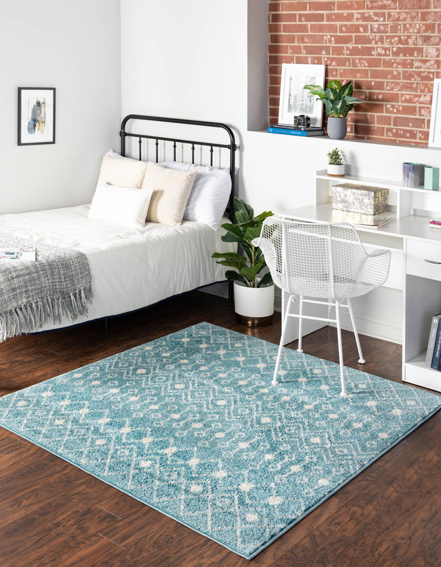 Aqua Blue 3' 3 x 3' 3 Tribal Trellis Square Area Rug Geometric Southwestern Inspired Durable Carpet for Home Interior Design for Sale at Rug Engine