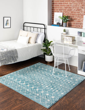 Aqua Blue 5' 3 x 5' 3 Tribal Trellis Square Area Rug Geometric Southwestern Inspired Durable Carpet for Home Interior Design for Sale at Rug Engine