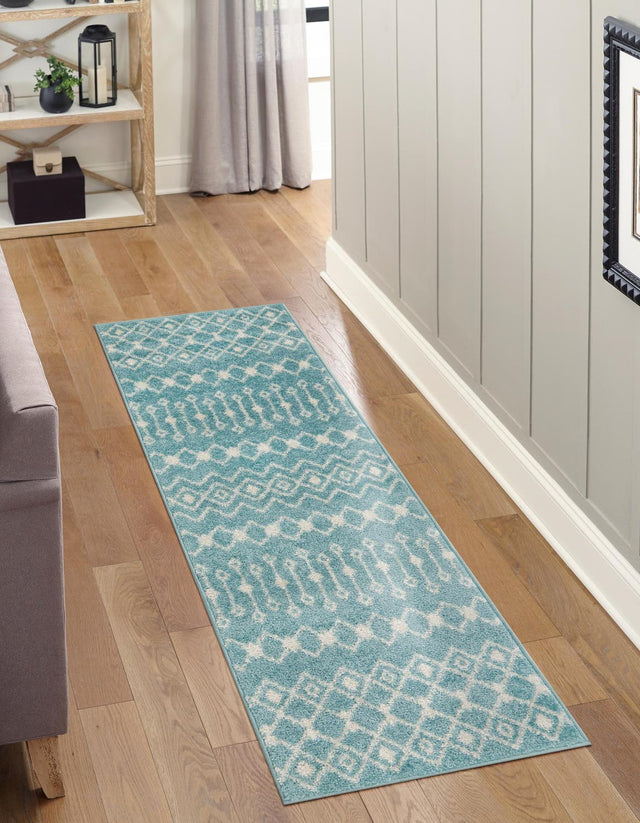 Aqua Blue 2' x 8' Tribal Trellis Runner Area Rug Geometric Southwestern Inspired Durable Carpet for Home Interior Design for Sale at Rug Engine
