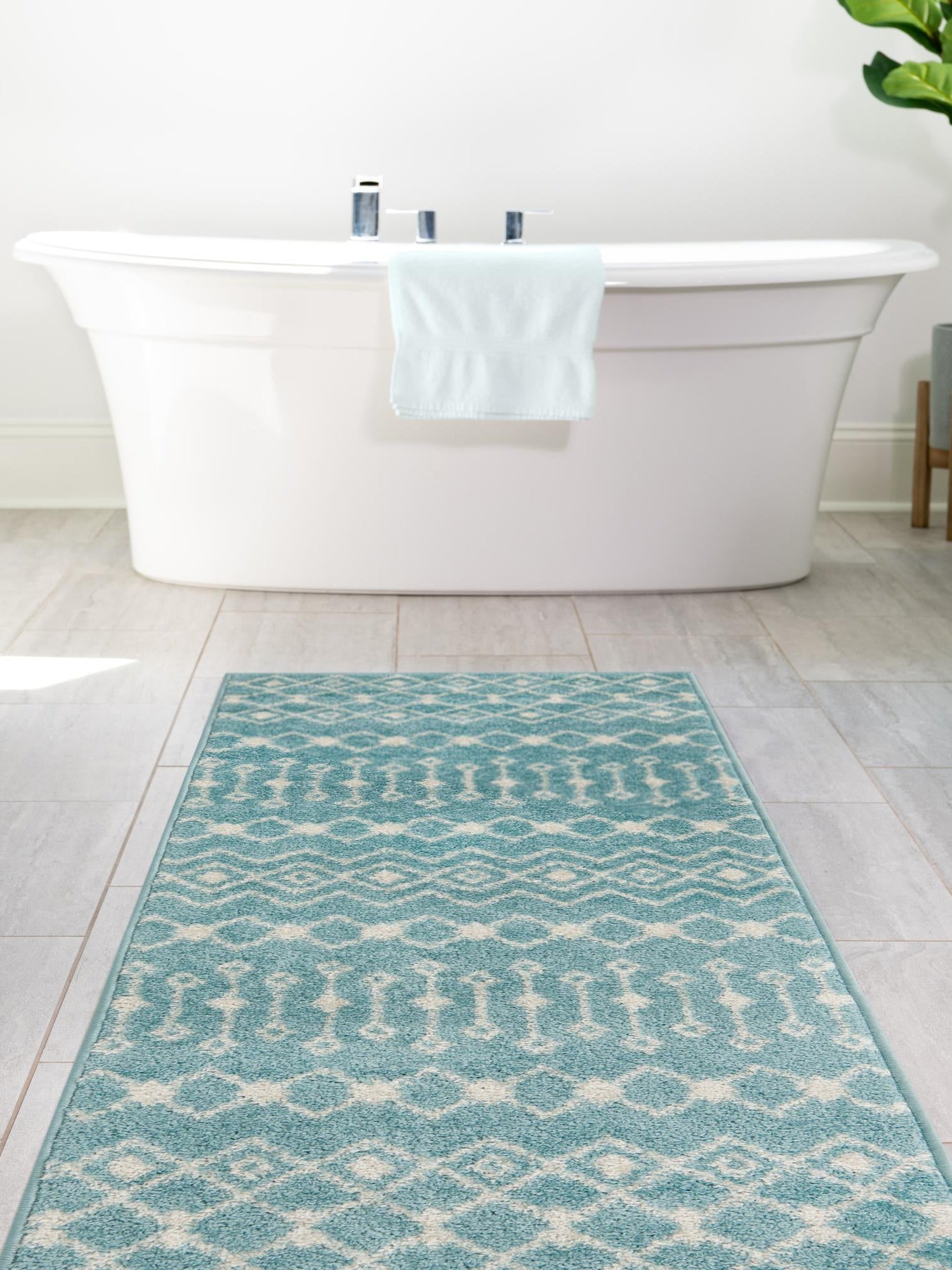 Aqua Blue 2' x 7' Tribal Trellis Runner Area Rug Geometric Southwestern Inspired Durable Carpet for Home Interior Design for Sale at Rug Engine