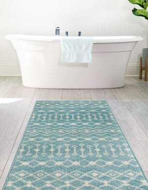 Aqua Blue 2' x 5' Tribal Trellis Runner Area Rug Geometric Southwestern Inspired Durable Carpet for Home Interior Design for Sale at Rug Engine