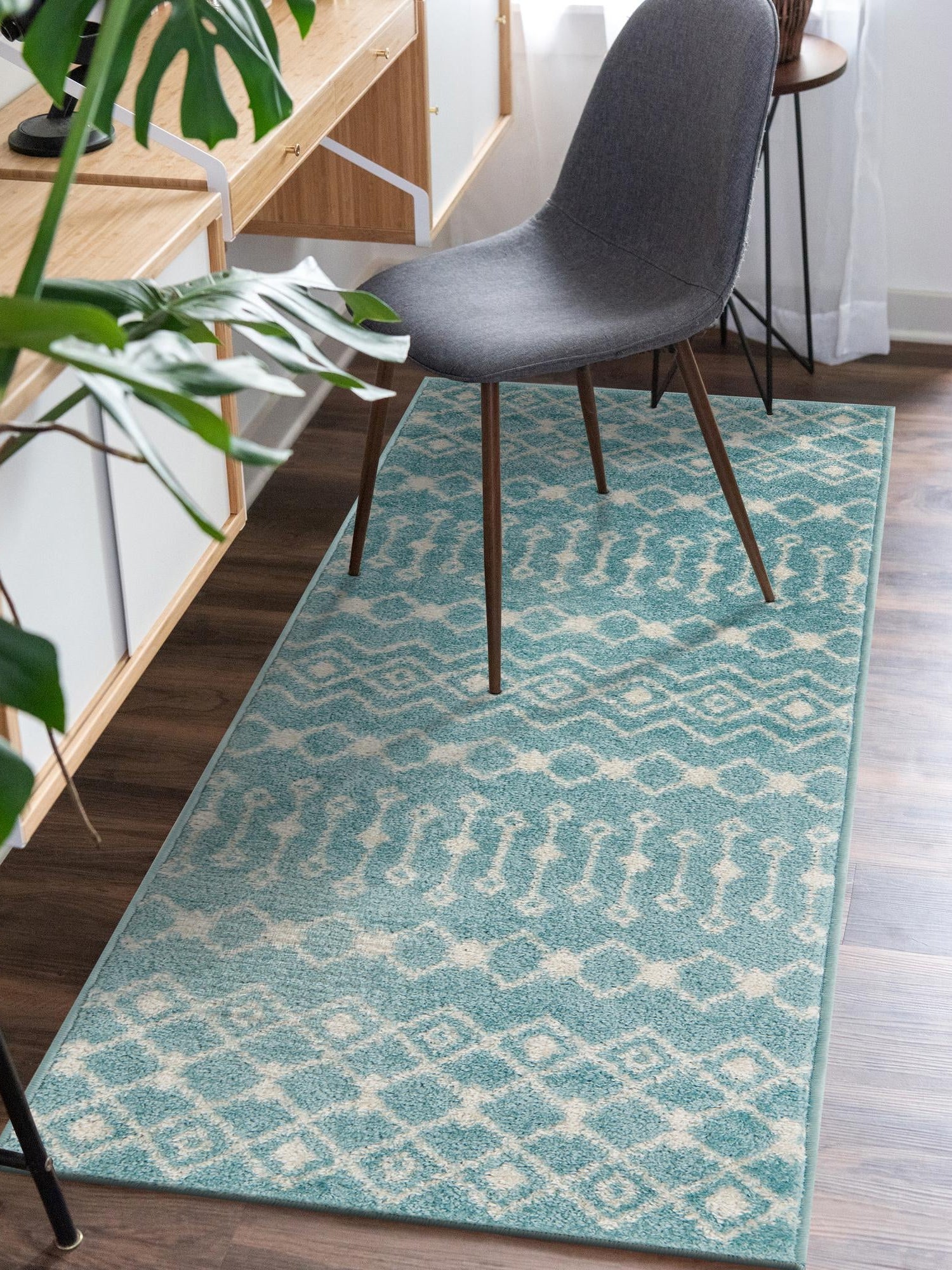 Aqua Blue 2' 7 x 12' Tribal Trellis Runner Area Rug Geometric Southwestern Inspired Durable Carpet for Home Interior Design for Sale at Rug Engine