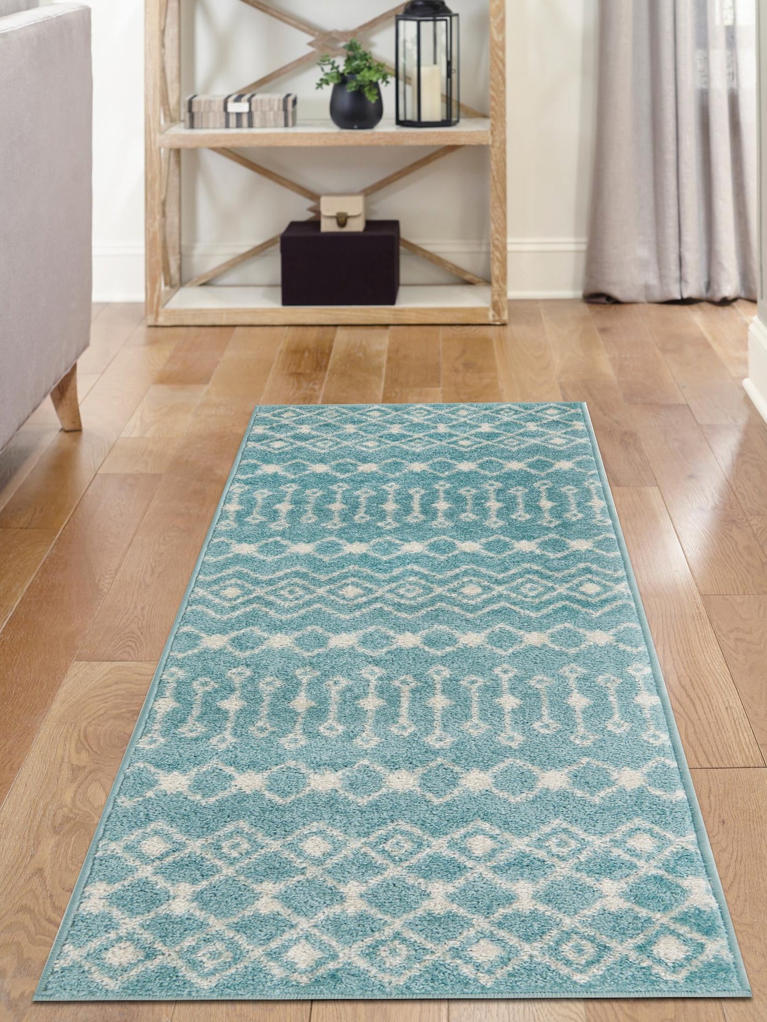 Aqua Blue 2' 7 x 12' Tribal Trellis Runner Area Rug Geometric Southwestern Inspired Durable Carpet for Home Interior Design for Sale at Rug Engine