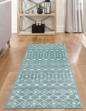 Aqua Blue 2' 7 x 12' Tribal Trellis Runner Area Rug Geometric Southwestern Inspired Durable Carpet for Home Interior Design for Sale at Rug Engine