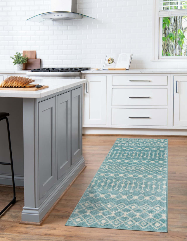 Aqua Blue 2' x 8' Tribal Trellis Runner Area Rug Geometric Southwestern Inspired Durable Carpet for Home Interior Design for Sale at Rug Engine