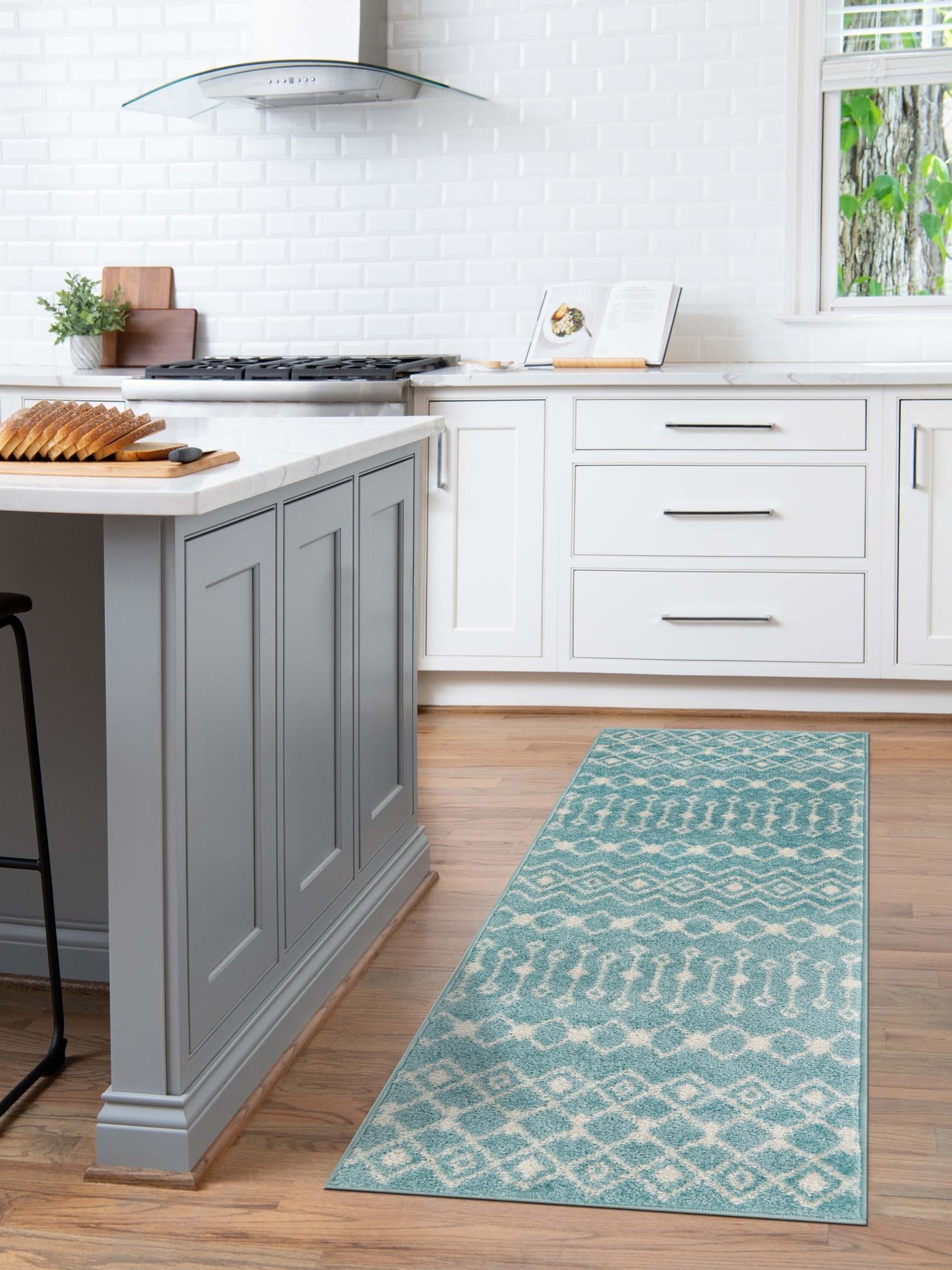 Aqua Blue 3' 3 x 16' 5 Tribal Trellis Runner Area Rug Geometric Southwestern Inspired Durable Carpet for Home Interior Design for Sale at Rug Engine