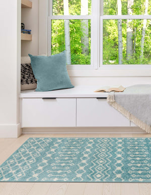 Aqua Blue 2' 7 x 10' Tribal Trellis Runner Area Rug Geometric Southwestern Inspired Durable Carpet for Home Interior Design for Sale at Rug Engine