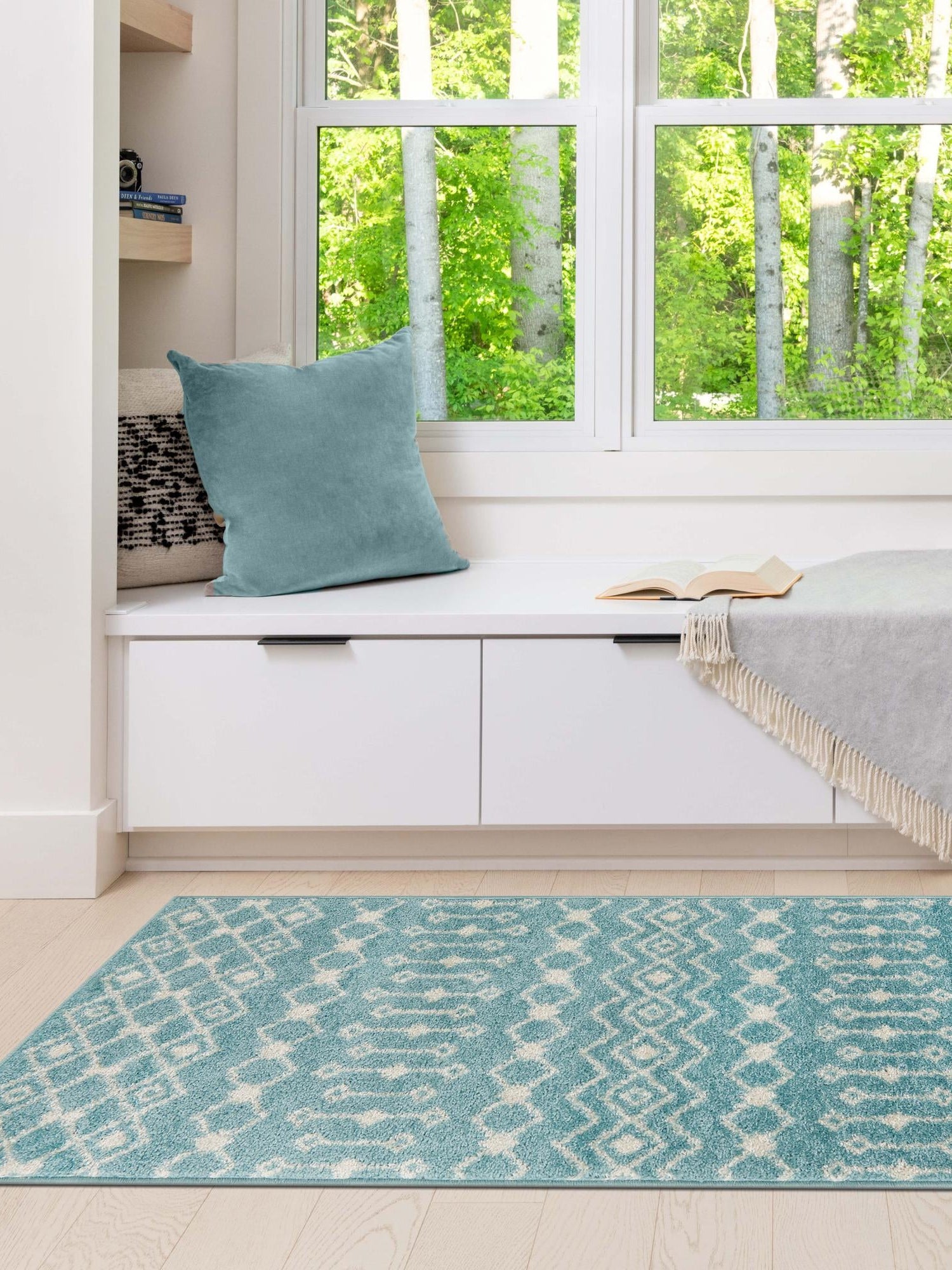 Aqua Blue 2' 7 x 12' Tribal Trellis Runner Area Rug Geometric Southwestern Inspired Durable Carpet for Home Interior Design for Sale at Rug Engine