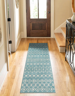 Aqua Blue 2' x 8' Tribal Trellis Runner Area Rug Geometric Southwestern Inspired Durable Carpet for Home Interior Design for Sale at Rug Engine