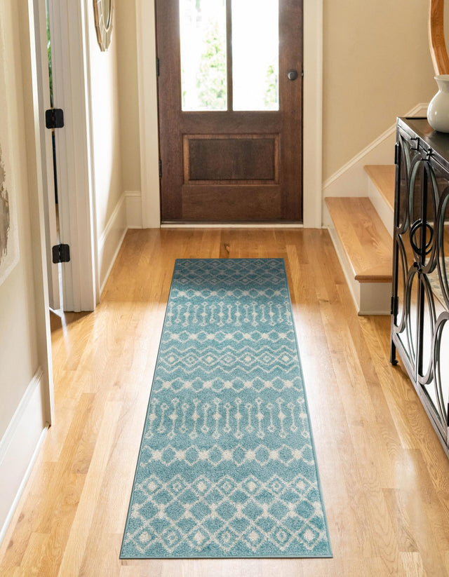 Aqua Blue 2' x 8' Tribal Trellis Runner Area Rug Geometric Southwestern Inspired Durable Carpet for Home Interior Design for Sale at Rug Engine