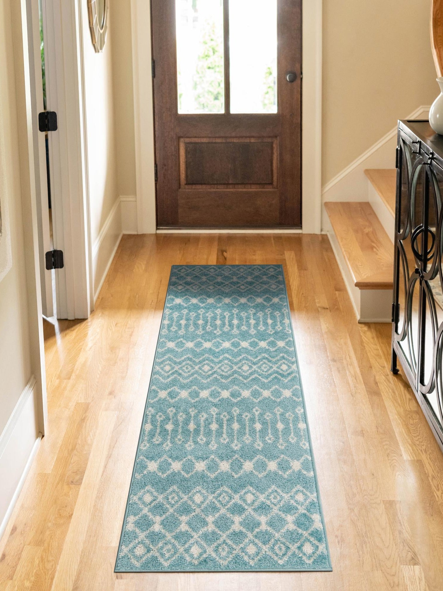Aqua Blue 2' x 5' Tribal Trellis Runner Area Rug Geometric Southwestern Inspired Durable Carpet for Home Interior Design for Sale at Rug Engine
