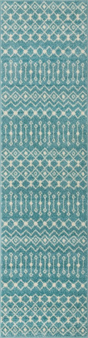 Aqua Blue 2' 7 x 10' Tribal Trellis Runner Area Rug Geometric Southwestern Inspired Durable Carpet for Home Interior Design for Sale at Rug Engine