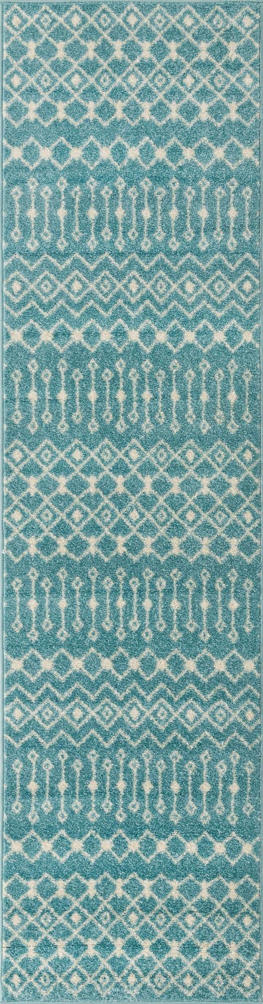 Aqua Blue 2' 7 x 10' Tribal Trellis Runner Area Rug Geometric Southwestern Inspired Durable Carpet for Home Interior Design for Sale at Rug Engine