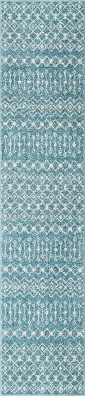 Aqua Blue 2' 7 x 12' Tribal Trellis Runner Area Rug Geometric Southwestern Inspired Durable Carpet for Home Interior Design for Sale at Rug Engine