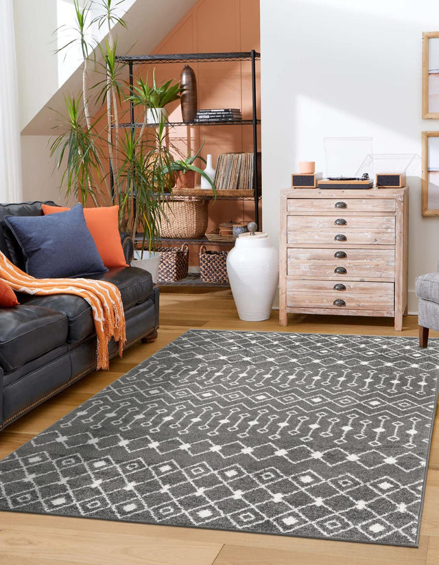 Dark Gray 9' x 12' Tribal Trellis Rectangle Area Rug Geometric Southwestern Inspired Durable Carpet for Home Interior Design for Sale at Rug Engine