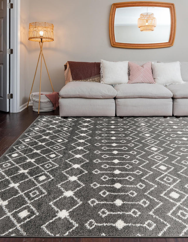 Dark Gray 9' x 12' Tribal Trellis Rectangle Area Rug Geometric Southwestern Inspired Durable Carpet for Home Interior Design for Sale at Rug Engine