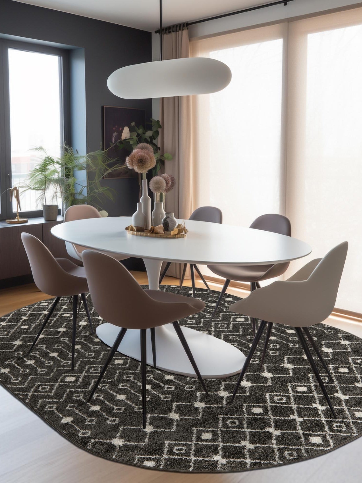 Dark Gray 5' 3 x 8' Tribal Trellis Oval Area Rug Geometric Southwestern Inspired Durable Carpet for Home Interior Design for Sale at Rug Engine
